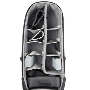 Versatile divider system includes a set for one large lens and gripped body with collars and pillows, or multiple gripped bodies with 5 to 6 professional lenses. Dedicated padded sleeve fits up to a 13” iPad Pro (2024) or similar tablet