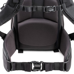 Robust padded waist belt for all-day comfort on the trail with webbing rail for attachment of Think Tank Modular accessories