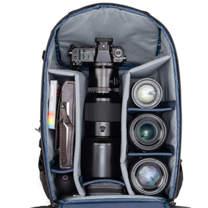 Holds two gripped camera bodies with lenses attached plus 4-6 additional lenses