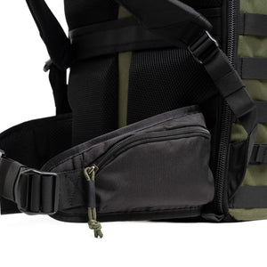 Removable padded waistbelt with a zippered pocket and webbing rail for a modular lens pouch