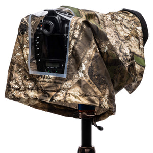 RealtreeĀ® APX Camo Emergency Rain Cover on tripod