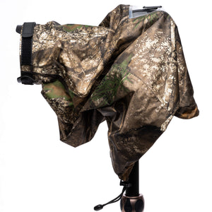 RealtreeĀ® APX Camo Emergency Rain Cover on tripod