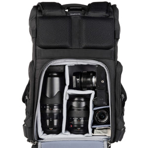 Fuji X-T5 attached to 35mm f/1.4, 50-140mm f/2.8, 16-35mm f/2.8, 23mm f/2. Configured for side access.