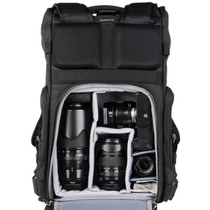 Fuji X-T5 attached to 35mm f/1.4, 50-140mm f/2.8, 16-35mm f/2.8, 23mm f/2. Configured for side access.