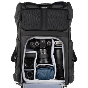 FocusPoint 30L FujiFilm X-Series body with 16-55mm attached, 50-140mm f2.8 and additional lenses and accessories. Configured for back access.