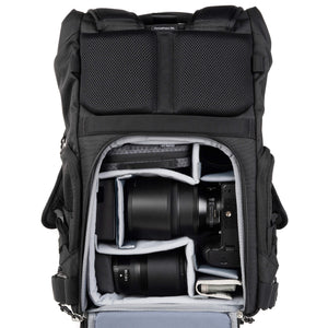 FocusPoint 30L with Nikon Z6 with a 50mm f1.2 S lens attached, a 85mm f1.8 S, EDC Tech Pouch and Battery Holder. Configured for side access.