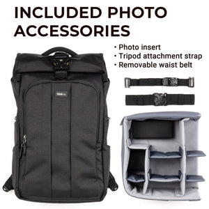 All included accessories: photo insert, tripod attachment strap, and removable waist belt