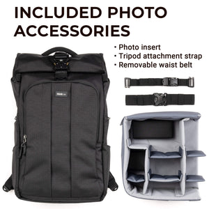 All included accessories: photo insert, tripod attachment strap, and removable waist belt