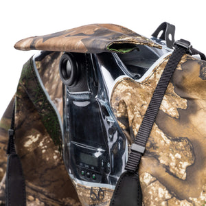 Eyepiece flap folds into a visor or, when not in use, shields viewfinder from rain or dust