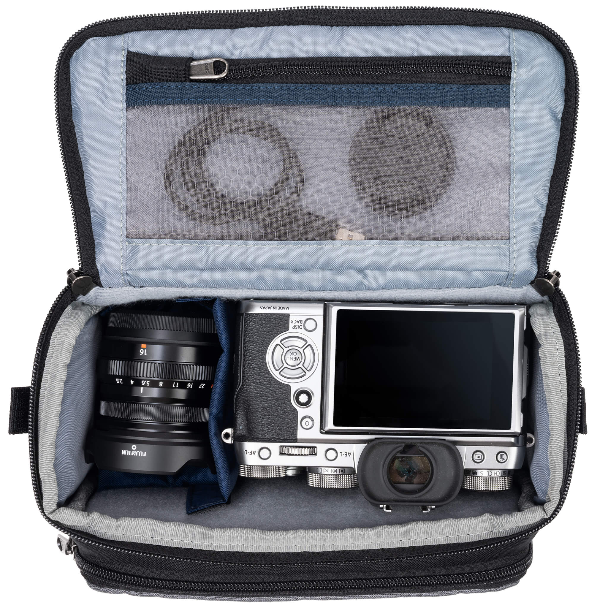 Fits one standard mirrorless body plus 1 to 2 lenses: short to medium f/4 zooms or short to medium primes.