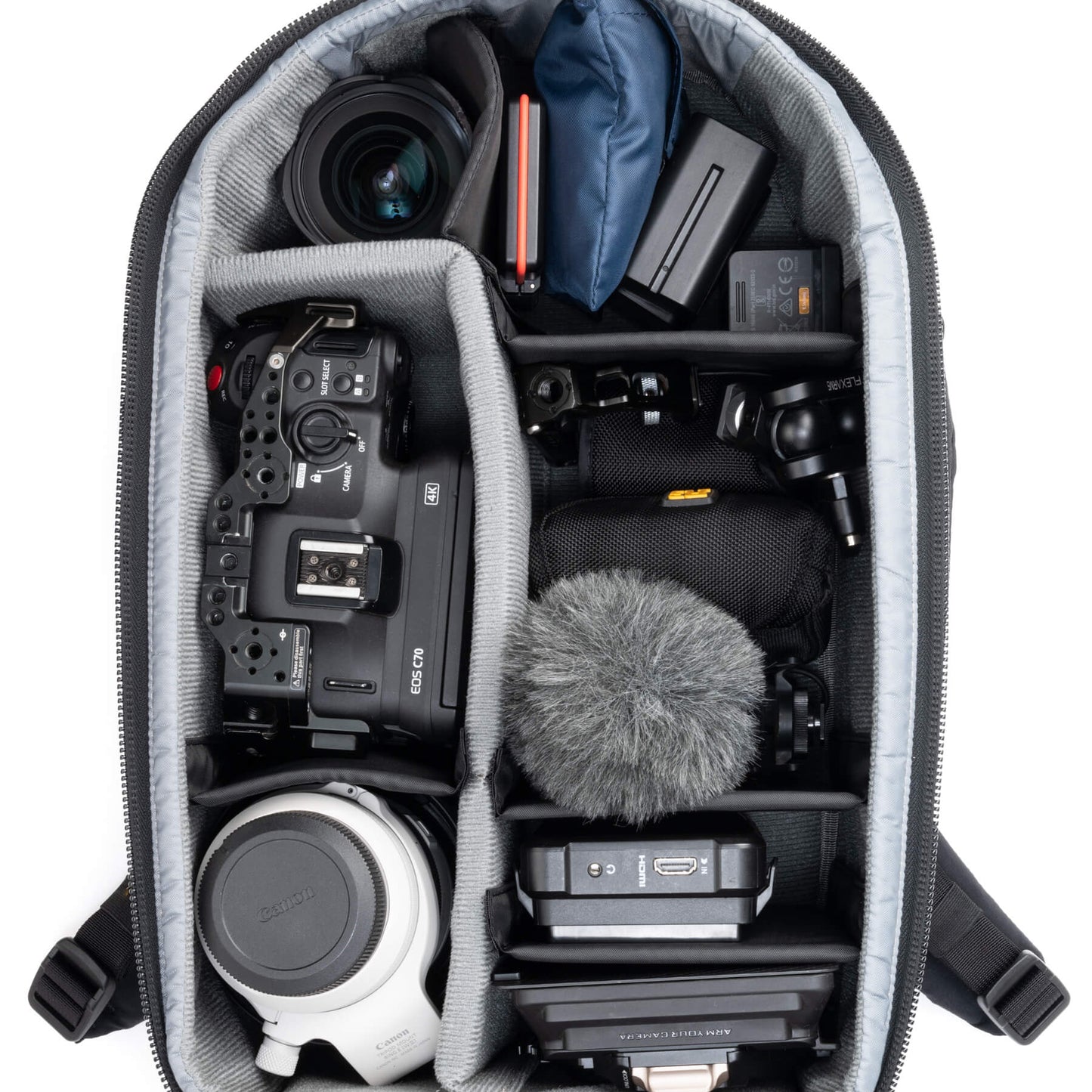 Fits two gripped camera bodies with lenses attached and an additional 3-5 standard zoom lenses or a 400mm f/2.8