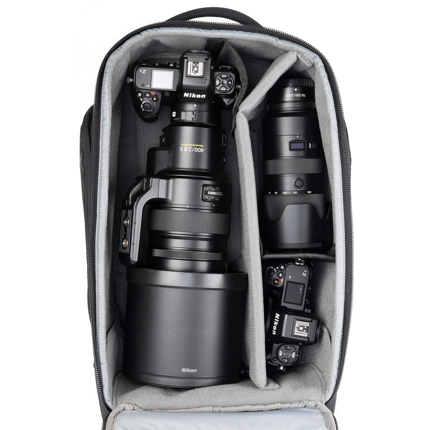 Fits 1 standard-size body attached to a 400mm f/2.8 lens plus an additional 2-3 lenses plus accessories