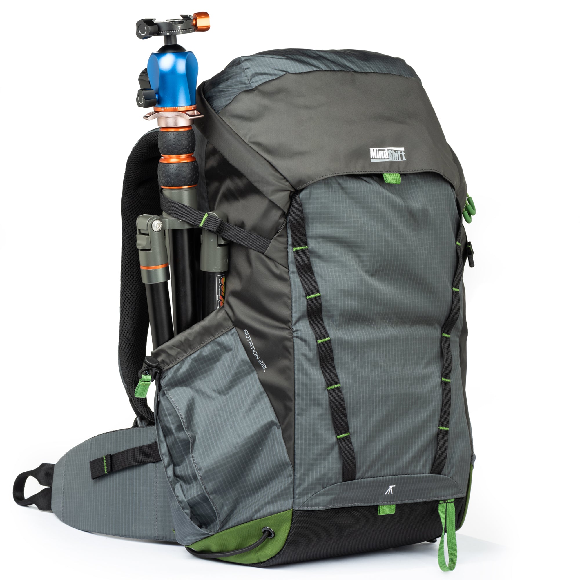 Tripod carries easily on the front and/or side panels