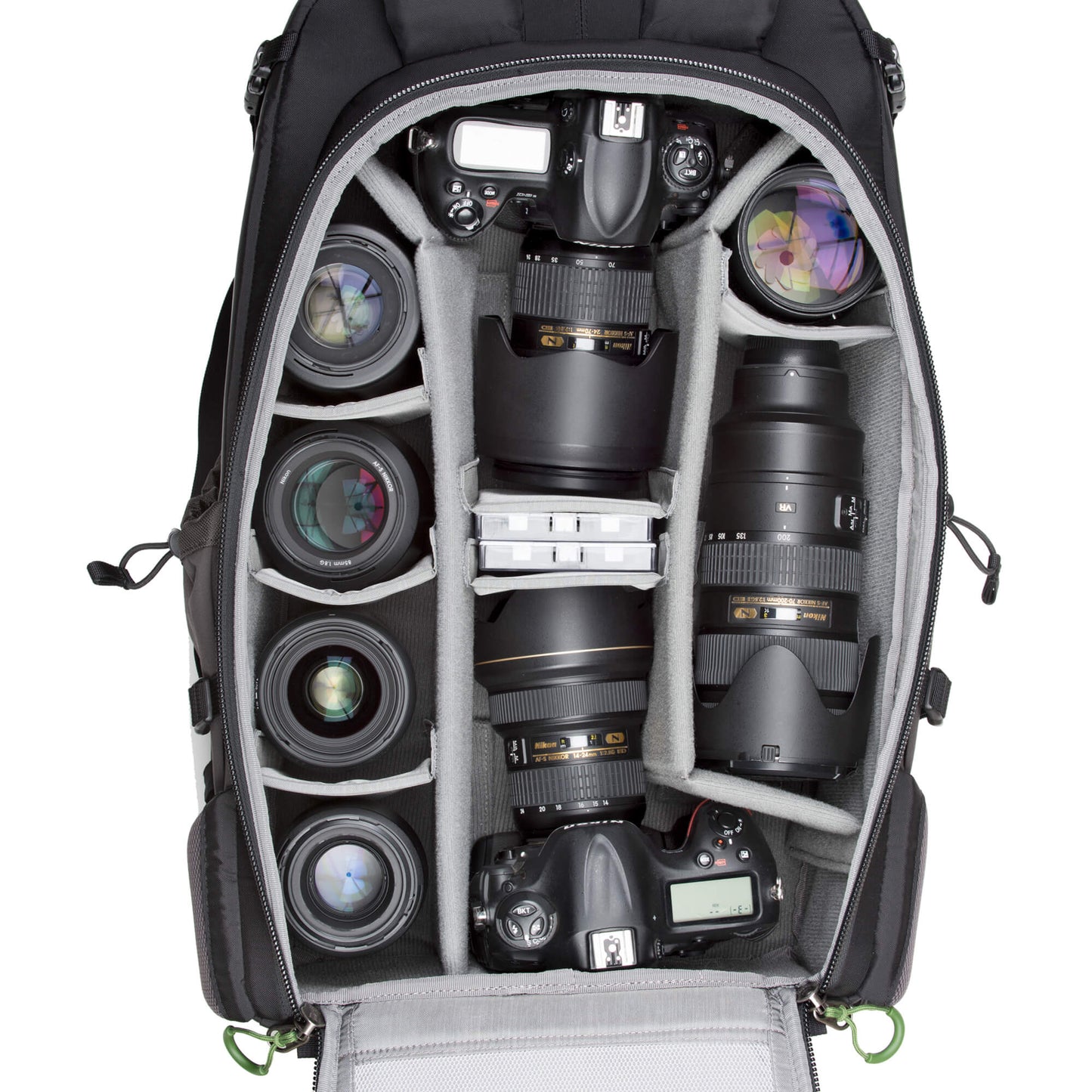 Nikon D3S with 24-70mm f/2.8 attached, Nikon D4S with 14-24mm f/ 2.8 attached, 135mm f/2, 70-200mm f/2.8, 105mm f/2.8 macro, 85mm f/1.8, Sigma 35mm f/1.4 ART, 50mm f/1.4, filters