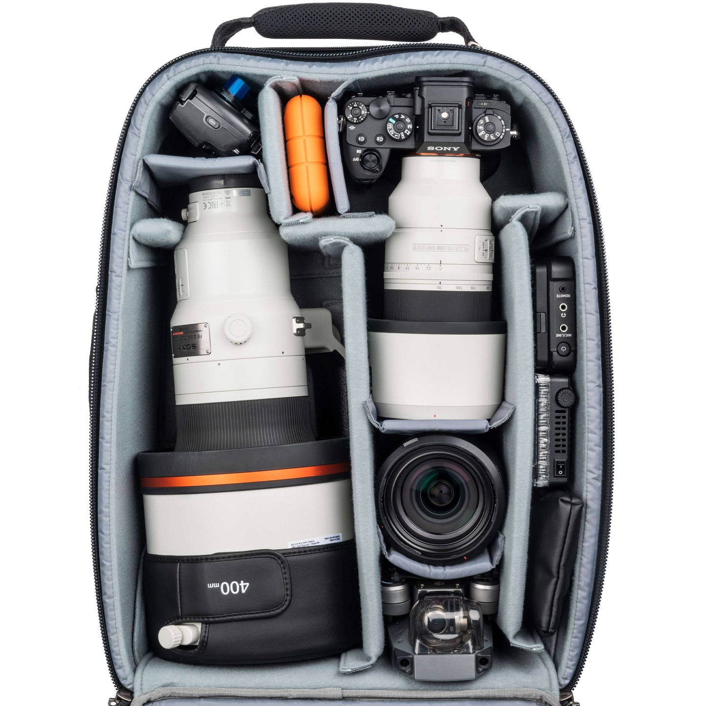 Sony 400mm f/2.8, Gripped A1+70-200mm f/2.8, 24-70mm f/2.8, DJI Mavic drone, LED panel, Atmos Ninja monitor