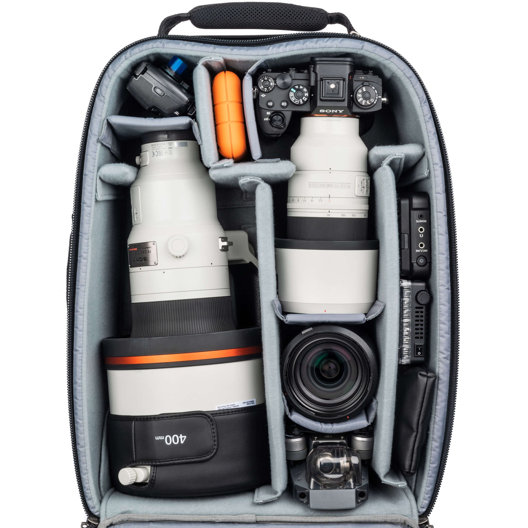 Sony 400mm f/2.8, Gripped A1+70-200mm f/2.8, 24-70mm f/2.8, DJI Mavic drone, LED panel, Atmos Ninja monitor