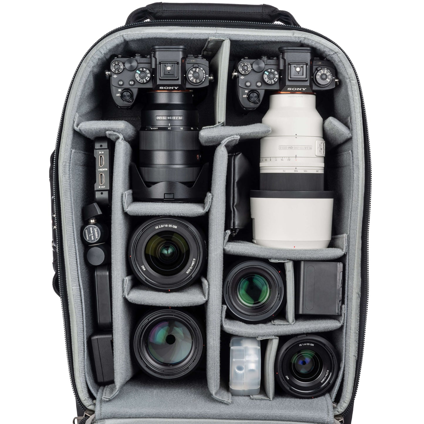 Sony Gripped A1+24-70mm f/2.8, Gripped A1+70-200mm f/2.8, 16-35mm f/2.8, 85mm f/1.4, 90mm f/2.8, 35mm f/1.4, Atmos Ninja monitor