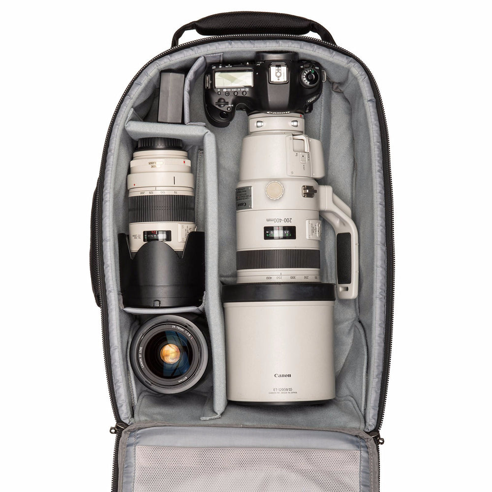 
                  
                    Canon standard size DSLR with 200-400mm f/4 attached, 70-200mm f/2.8, 24-70mm f/2.8
                  
                