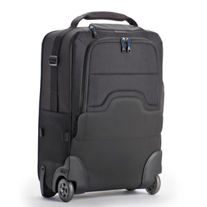 Integrated backpack straps with comfortable shoulder harness and back panel padding easily stow away