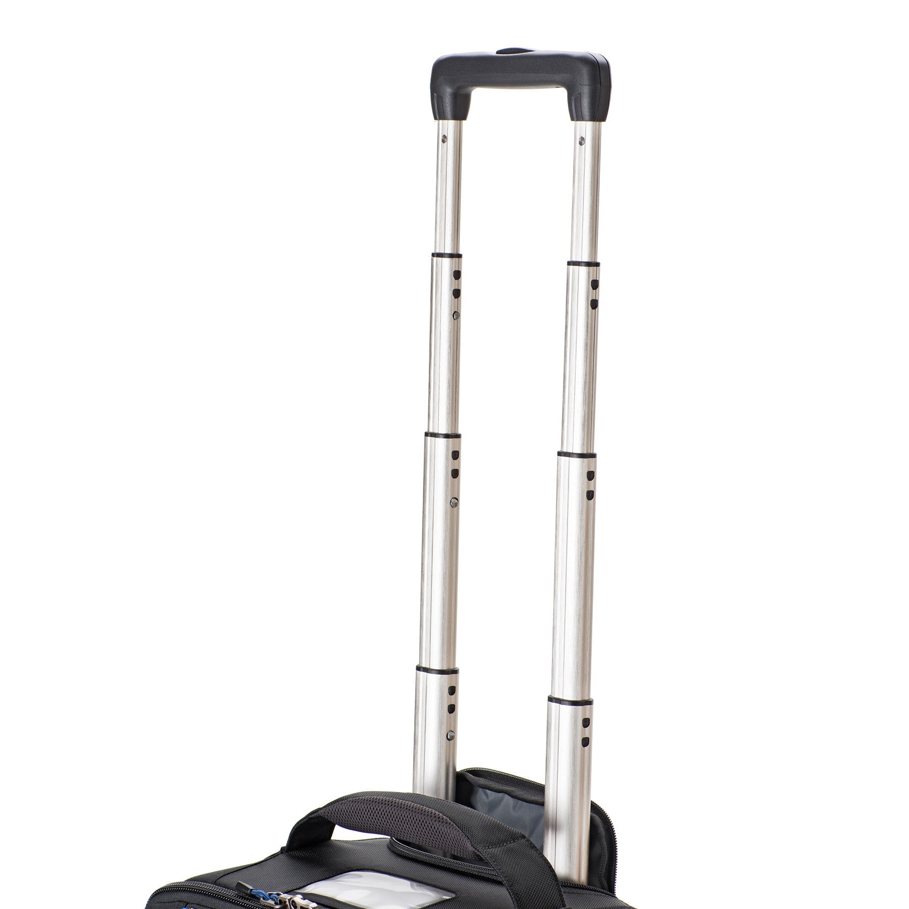 Custom designed retractable handle with inset channel on aluminum tubing adds strength and durability