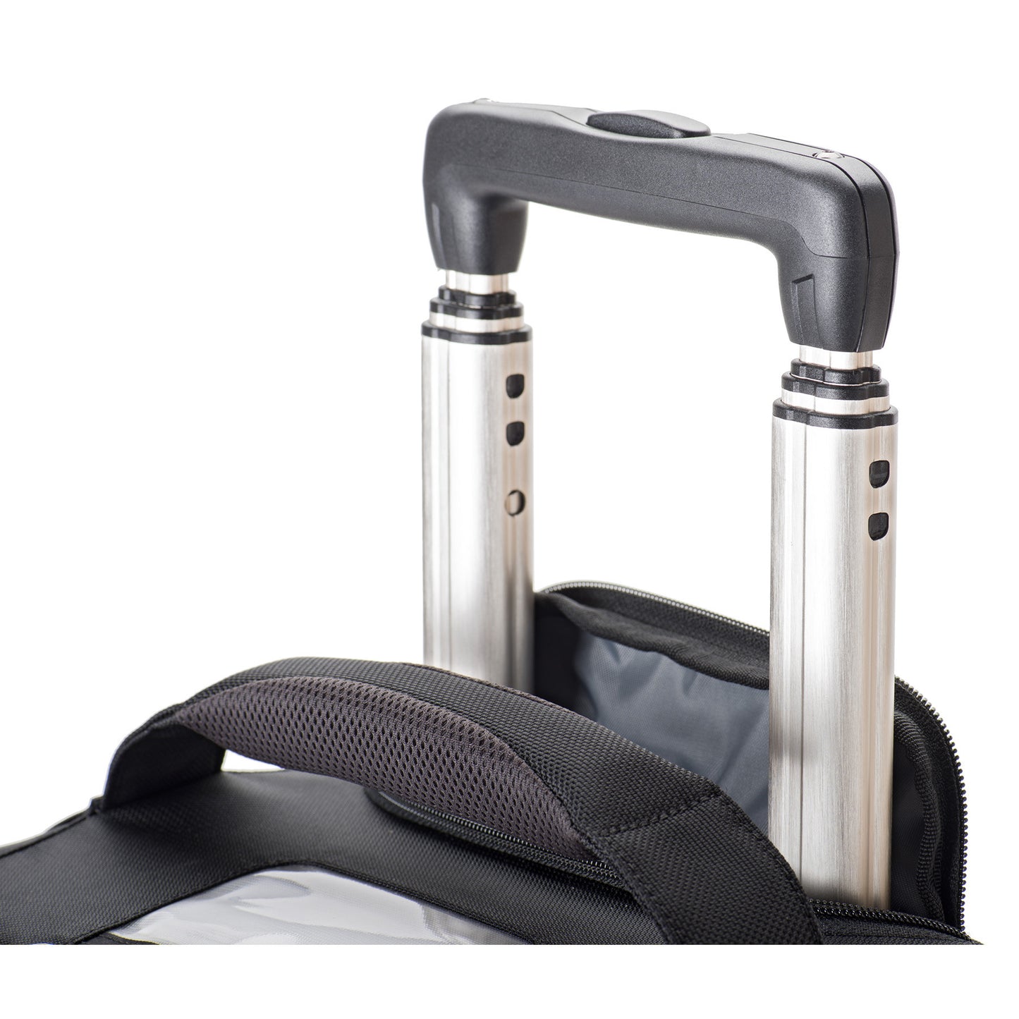 Custom designed retractable handle with inset channel on aluminum tubing adds strength and durability