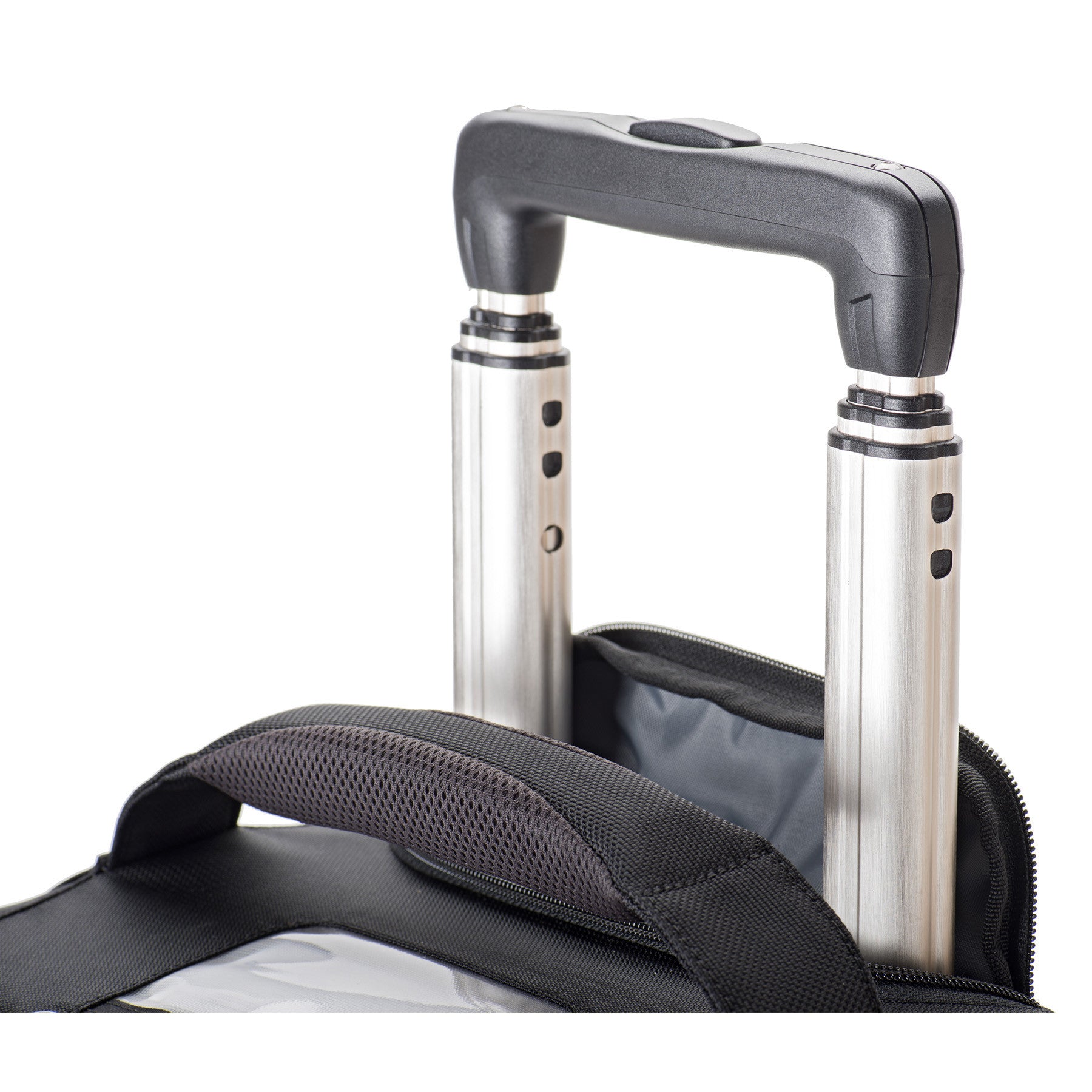 Custom designed retractable handle with inset channel on aluminum tubing adds strength and durability