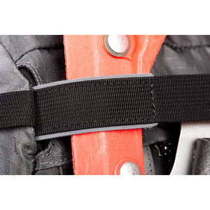 Snowboard or ski carry with tuck-away, protected edge, lash straps