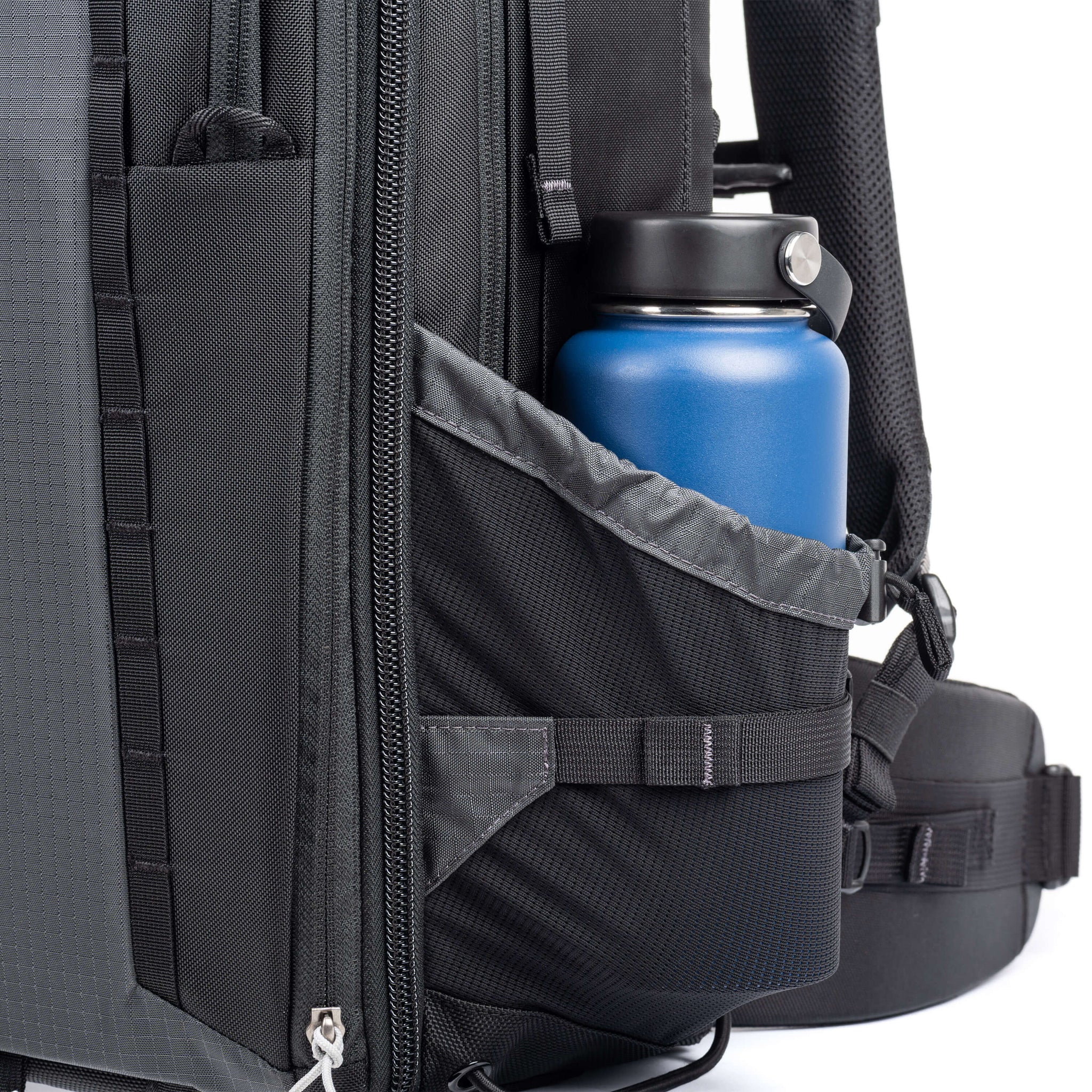 2 large water bottle or accessory pockets on both sides with drains and cinch cord for security