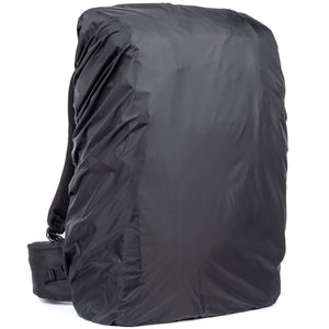 Large rain cover protects small to medium tripods secured to the front of the pack