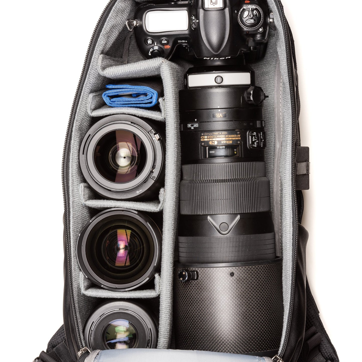Nikon D3S+300mm f/2.8 with hood extended, 24-70mm f/2.8, 14-24mm f/2.8, 105mm f/2.8