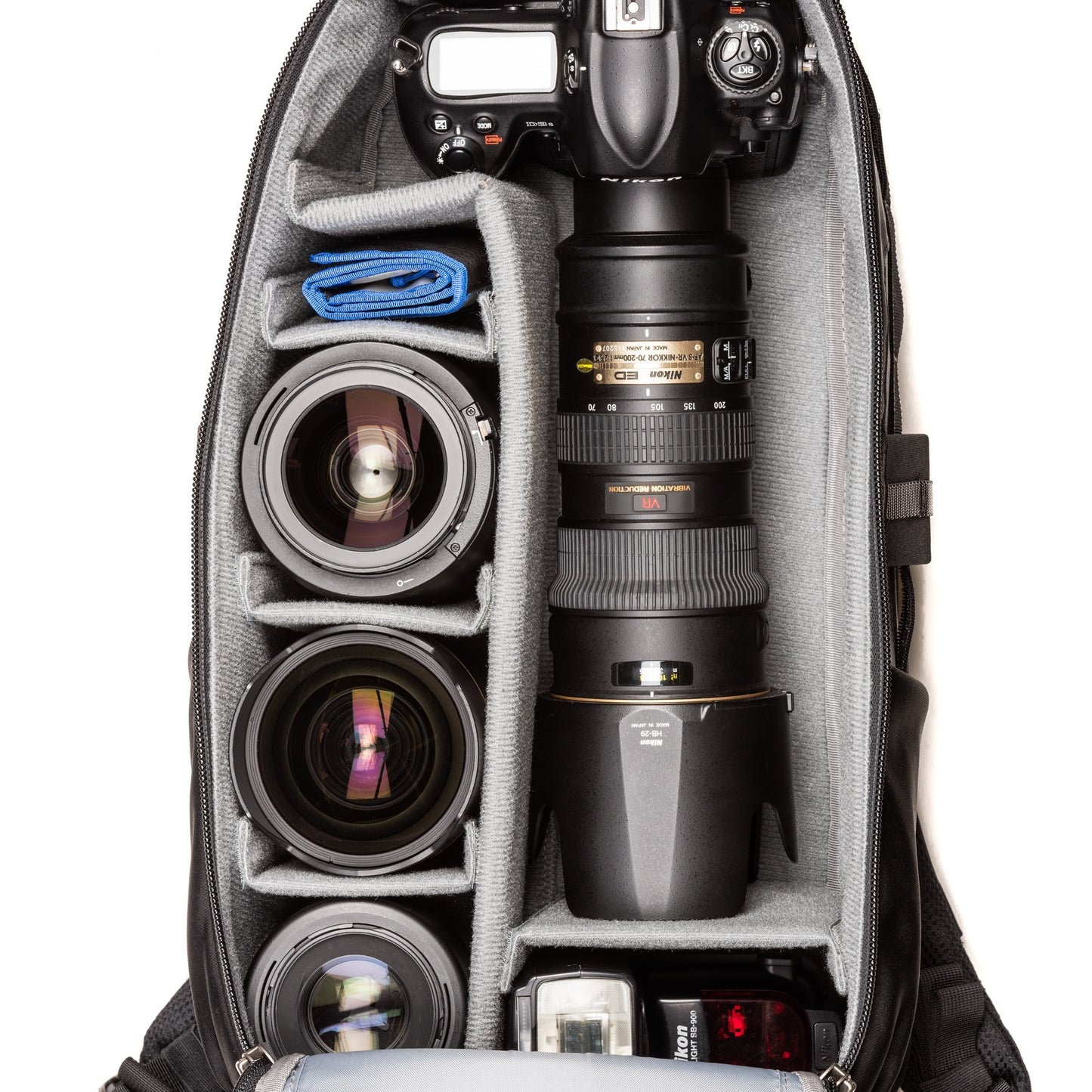 Nikon D3S+70-200mm f/2.8 with hood extended, 24-70mm f/2.8, 14-24mm f/2.8, 105mm f/2.8, flash
