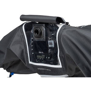 Eyepiece flap folds into a visor or, when not in use, shields viewfinder from rain or dust