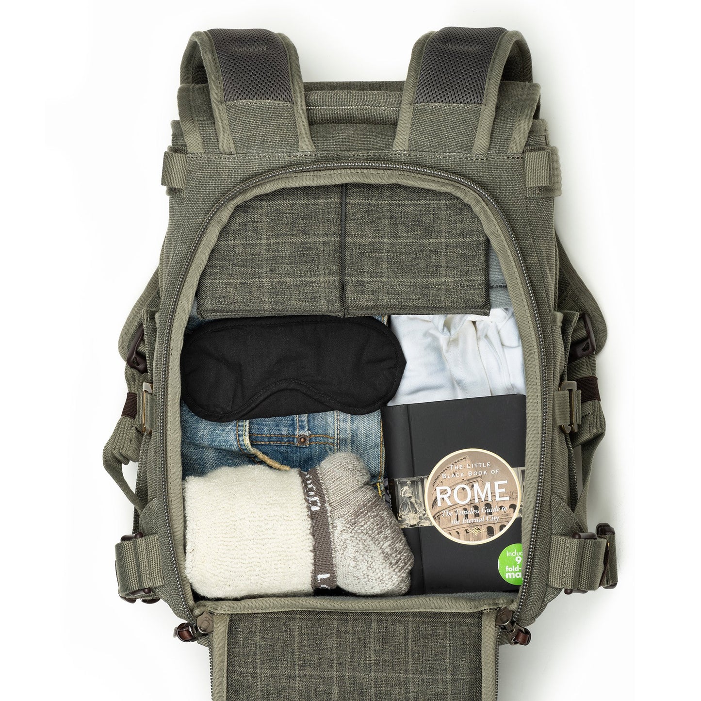 Configure main compartment for camera gear or personal gear