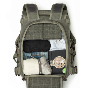 Configure main compartment for camera gear or personal gear