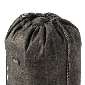 Drawstring cord closure secures contents and doubles as carry loops