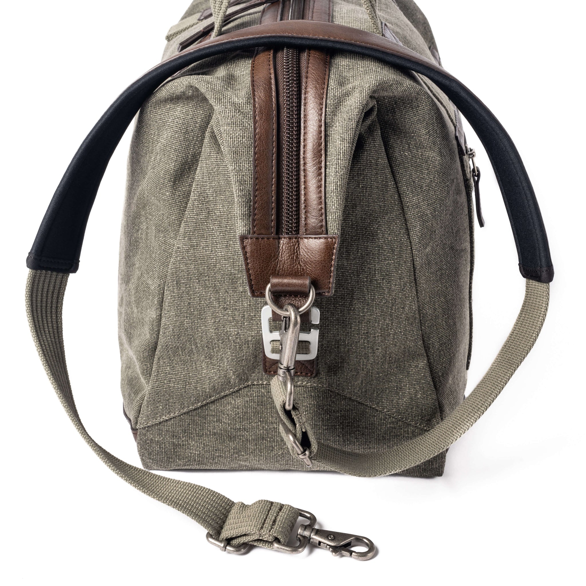 Removable, long leather shoulder strap with length adjusters on both sides and padded center