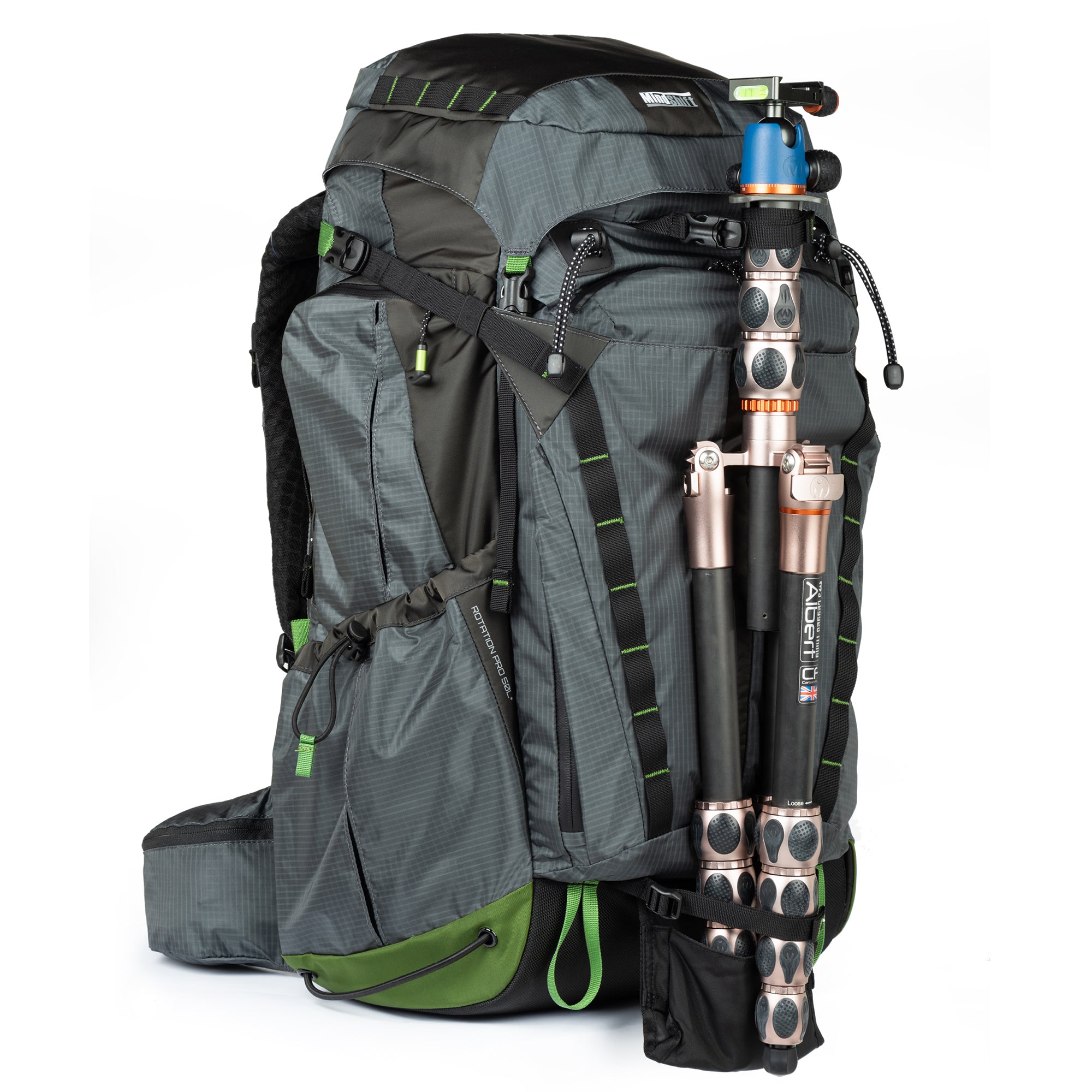 Tripod carries easily on the front and/or side panels
