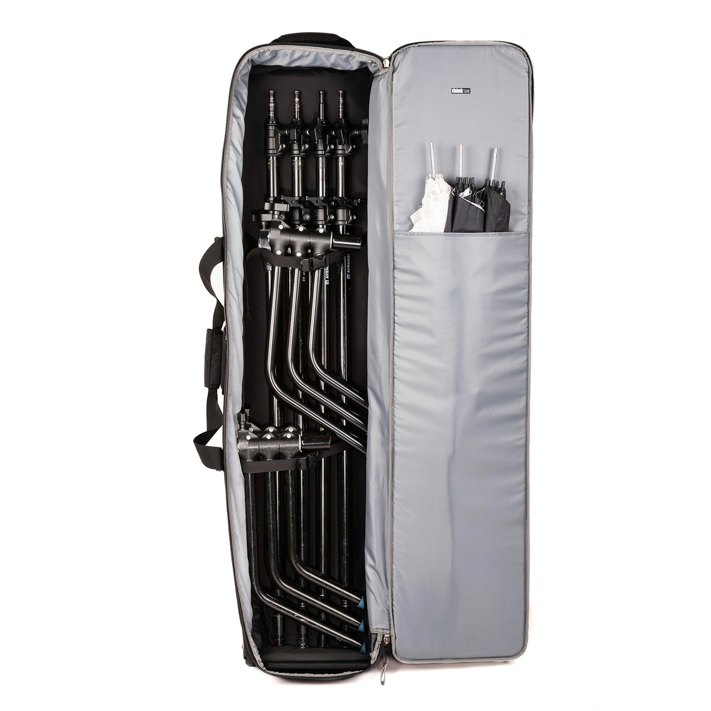 Holds up to 4 turtle base C-stands, multiple traditional light stands or modifiers up to 52” long.