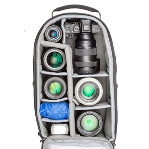 StreetWalker backpacks are designed to accommodate bodies with lenses attached