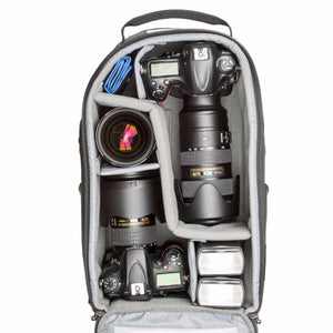 StreetWalker backpacks are designed to accommodate bodies with lenses attached