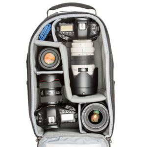 StreetWalker backpacks are designed to accommodate bodies with lenses attached
