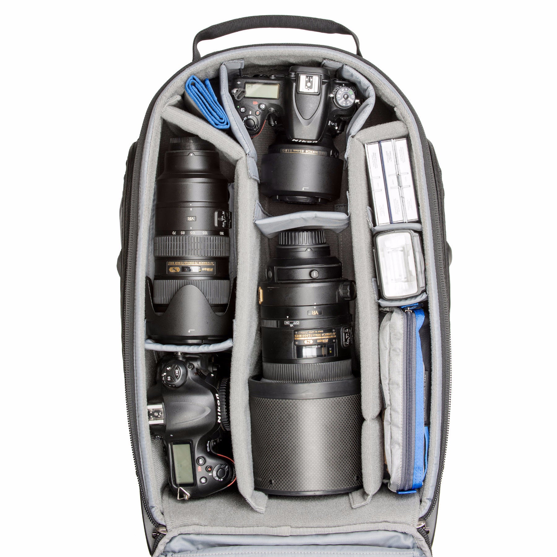 Fits 1 gripped, 1 standard DSLR, 5–7 standard zoom lenses, a 15” laptop and a 13” tablet