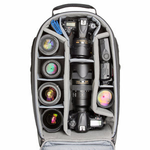 Fits 1 gripped, 1 standard DSLR, 5–7 standard zoom lenses, a 15” laptop and a 13” tablet