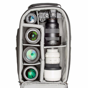 StreetWalker backpacks are designed to accommodate standard DSLR bodies with lenses attached