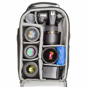 StreetWalker backpacks are designed to accommodate standard DSLR bodies with lenses attached