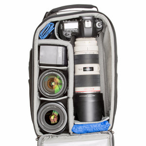 StreetWalker backpacks are designed to accommodate standard DSLR bodies with lenses attached