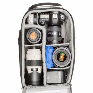 StreetWalker backpacks are designed to accommodate standard DSLR bodies with lenses attached