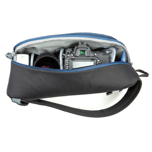 Fits a standard size DSLR + 1–3 lenses + 10” tablet