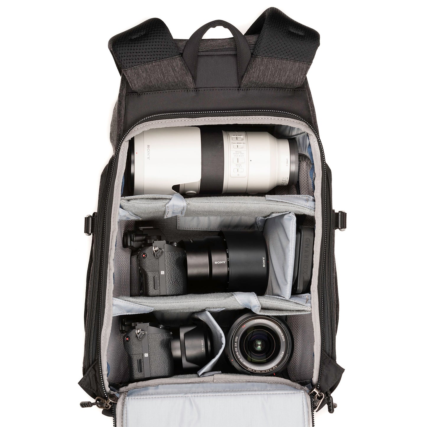 Fits 1 ungripped DSLR or Mirrorless body with lens attached up to a 24–70mm f/2.8, 2–4 additional lenses including a 70–200mm f/2.8 detached, a 13” laptop, plus personal gear