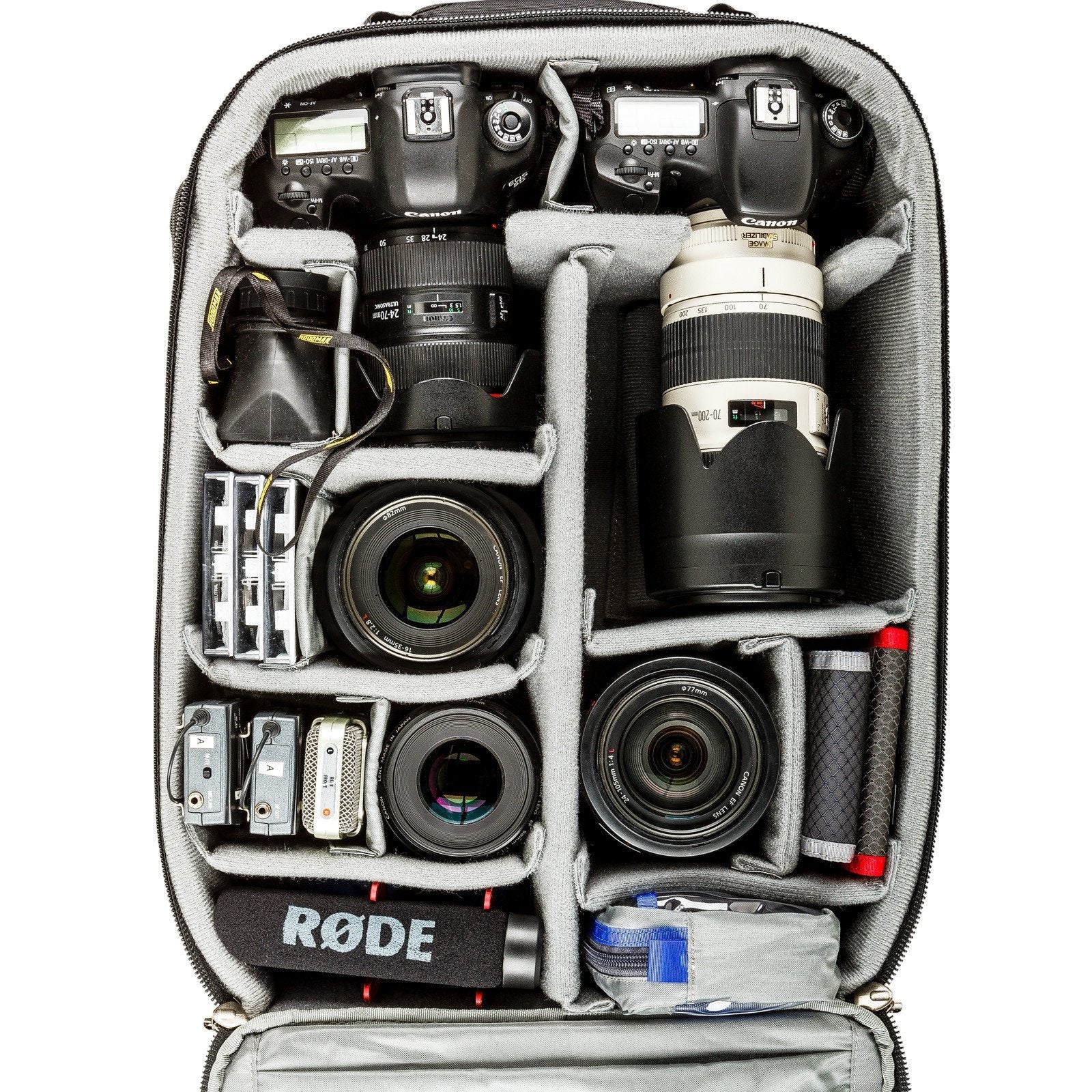 Two gripped DSLRs with five lenses and additional audio recording accessories